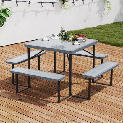 Tavolo da Picnic Costway con Panca per 4-8 Persone con Foro per Ombrellone, Piano in HDPE per Tutte le Stagioni Nero/Grigio/Verde/Bianco