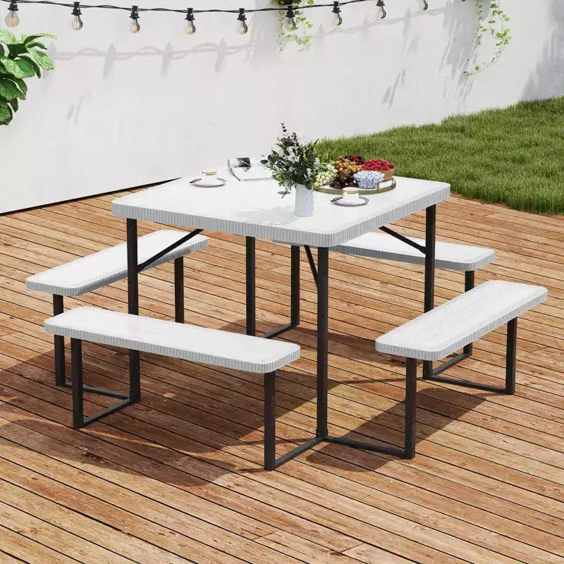 Tavolo da Picnic Costway con Panca per 4-8 Persone con Foro per Ombrellone, Piano in HDPE per Tutte le Stagioni Nero/Grigio/Verde/Bianco