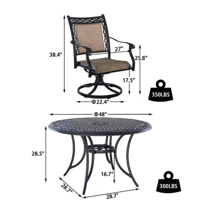 CLIHOME Ensemble de salle à manger d'extérieur 5 pièces en aluminium avec 4 chaises pivotantes à 360° et 1 table ronde tressée de 48 pouces avec trou pour parasol