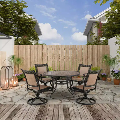 CLIHOME Ensemble de salle à manger d'extérieur 5 pièces en aluminium avec 4 chaises pivotantes à 360° et 1 table ronde en céramique de 48 pouces avec trou pour parasol