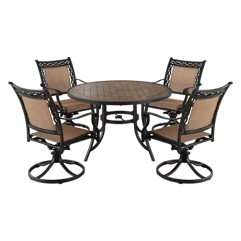 CLIHOME Ensemble de salle à manger d'extérieur 5 pièces en aluminium avec 4 chaises pivotantes à 360° et 1 table ronde en céramique de 48 pouces avec trou pour parasol