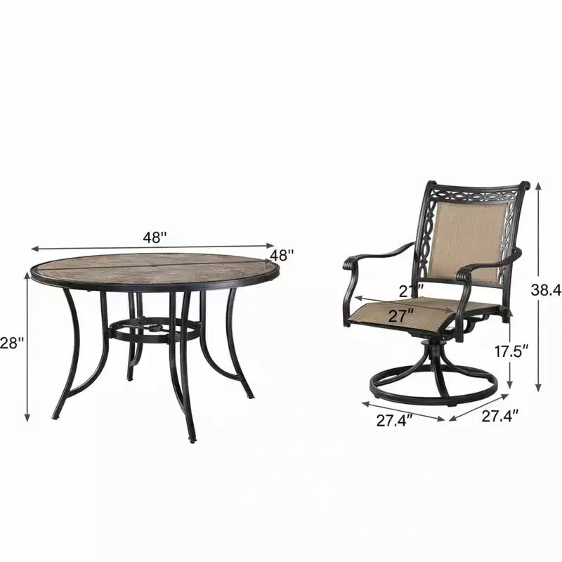 CLIHOME Ensemble de salle à manger d'extérieur 5 pièces en aluminium avec 4 chaises pivotantes à 360° et 1 table ronde en céramique de 48 pouces avec trou pour parasol