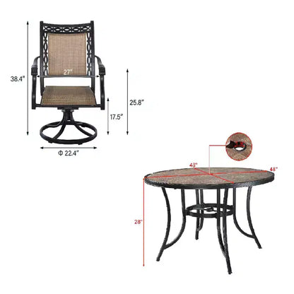 CLIHOME Ensemble de salle à manger d'extérieur 5 pièces en aluminium avec 4 chaises pivotantes à 360° et 1 table ronde en céramique de 48 pouces avec trou pour parasol