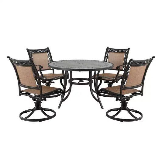 CLIHOME 5-Piece Outdoor Aluminum Dining Set With 4 360 Swivel Chairs & 1 48 Round Ceramic Tile Table With Umbrella Hole