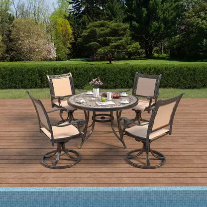 Ensemble de salle à manger d'extérieur 5 pièces en aluminium CLIHOME avec 4 chaises pivotantes à 360° et 1 table ronde de 48" en carreaux de céramique avec trou pour parasol