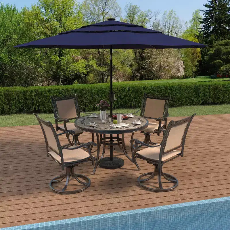 Ensemble de salle à manger d'extérieur 5 pièces en aluminium CLIHOME avec 4 chaises pivotantes à 360° et 1 table ronde de 48" en carreaux de céramique avec trou pour parasol
