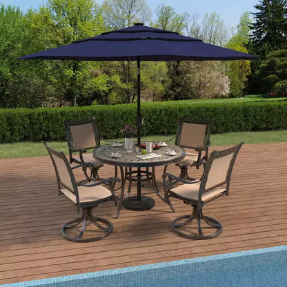Ensemble de salle à manger d'extérieur 5 pièces en aluminium CLIHOME avec 4 chaises pivotantes à 360° et 1 table ronde de 48" en carreaux de céramique avec trou pour parasol
