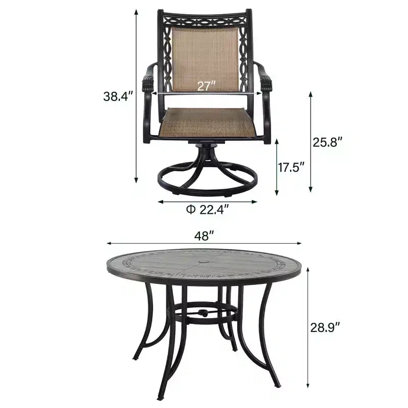Ensemble de salle à manger d'extérieur 5 pièces en aluminium CLIHOME avec 4 chaises pivotantes à 360° et 1 table ronde de 48" en carreaux de céramique avec trou pour parasol
