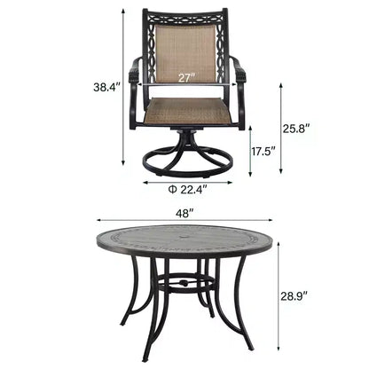 Ensemble de salle à manger d'extérieur 5 pièces en aluminium CLIHOME avec 4 chaises pivotantes à 360° et 1 table ronde de 48" en carreaux de céramique avec trou pour parasol