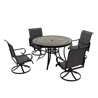 CLIHOME 5-Piece Outdoor Aluminum Dining Set With 4 360 Swivel Chairs & 1 48 Round Ceramic Tile Table Equipped With 2.3 Umbrella Hole