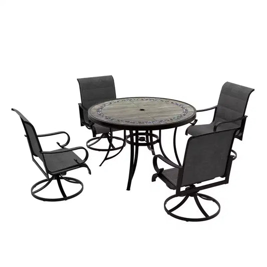CLIHOME 5-Piece Outdoor Aluminum Dining Set With 4 360 Swivel Chairs & 1 48 Round Ceramic Tile Table Equipped With 2.3 Umbrella Hole