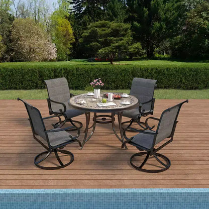 CLIHOME Ensemble de salle à manger d'extérieur 5 pièces en aluminium avec 4 chaises pivotantes à 360° et 1 table ronde en carrelage céramique de 122 cm de diamètre avec trou pour parasol de 5,8 cm.