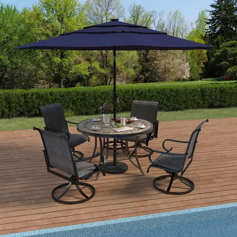 CLIHOME Ensemble de salle à manger d'extérieur 5 pièces en aluminium avec 4 chaises pivotantes à 360° et 1 table ronde en carrelage céramique de 122 cm de diamètre avec trou pour parasol de 5,8 cm.
