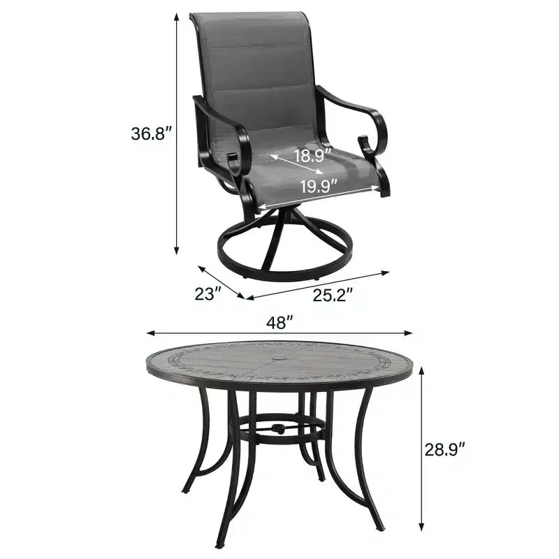 CLIHOME Ensemble de salle à manger d'extérieur 5 pièces en aluminium avec 4 chaises pivotantes à 360° et 1 table ronde en carrelage céramique de 122 cm de diamètre avec trou pour parasol de 5,8 cm.