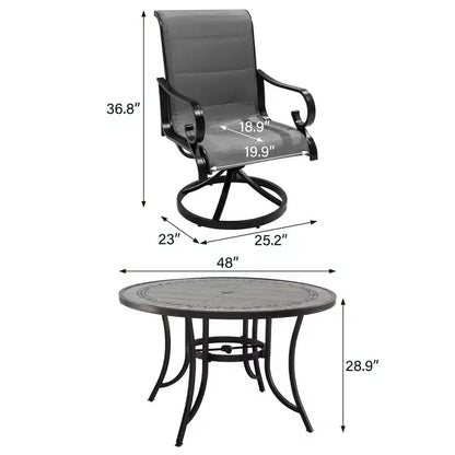 CLIHOME Ensemble de salle à manger d'extérieur 5 pièces en aluminium avec 4 chaises pivotantes à 360° et 1 table ronde en carrelage céramique de 122 cm de diamètre avec trou pour parasol de 5,8 cm.
