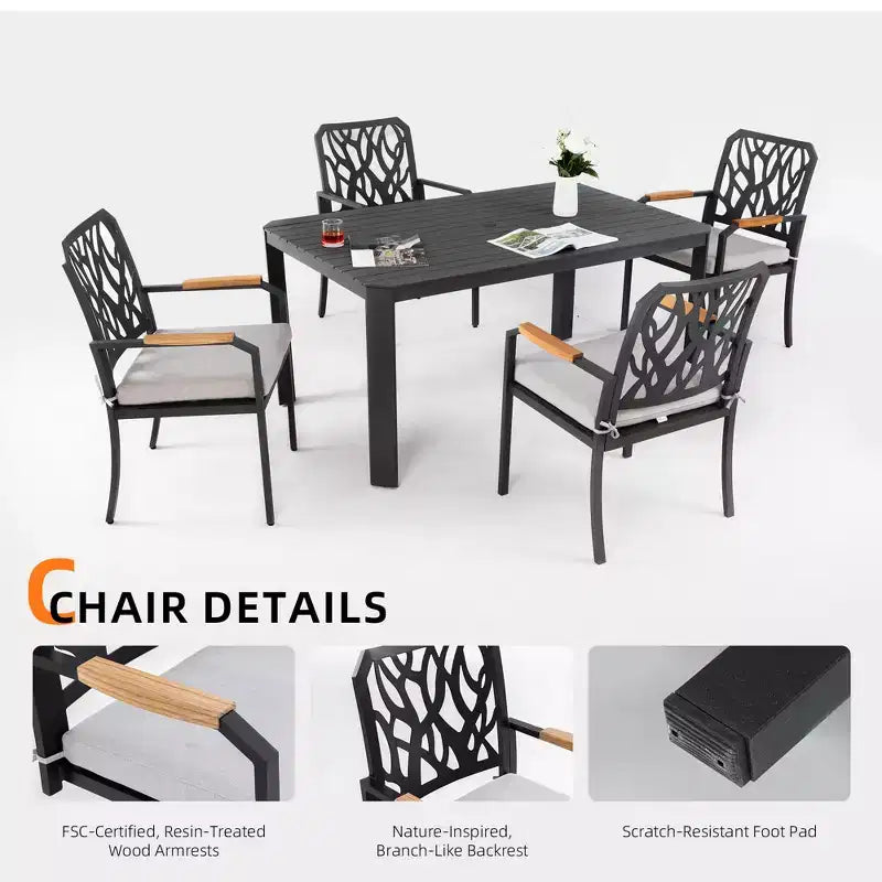 Ensemble de salle à manger d'extérieur Haggai 5 pièces Christopher Knight Home avec dossier en forme de branche, en aluminium et coussins Sunbrella