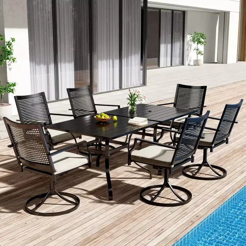 CLIHOME Ensemble repas d'extérieur 8 pièces, Table carrée avec trou pour parasol et chaises pivotantes à 360°, Ensemble de patio