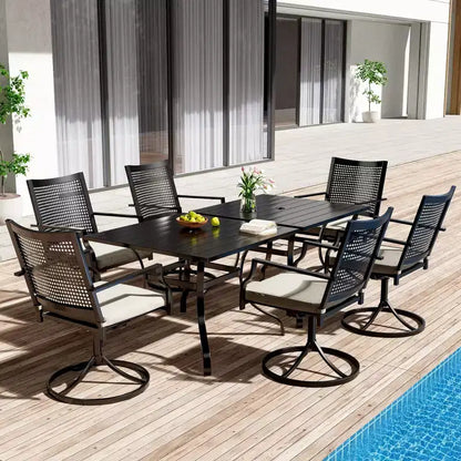 CLIHOME Ensemble repas d'extérieur 8 pièces, Table carrée avec trou pour parasol et chaises pivotantes à 360°, Ensemble de patio