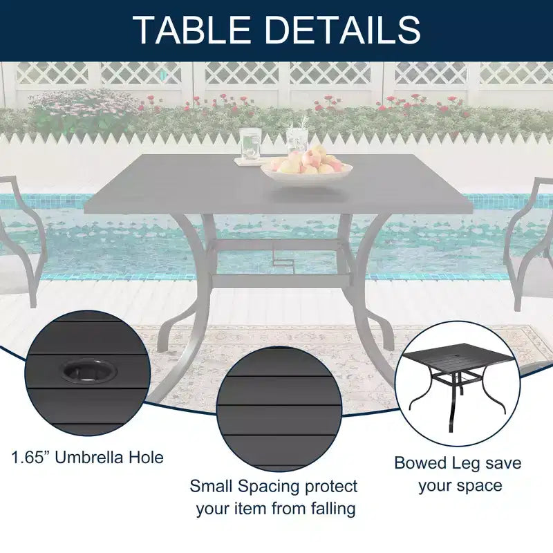 CLIHOME Ensemble repas d'extérieur 8 pièces, Table carrée avec trou pour parasol et chaises pivotantes à 360°, Ensemble de patio