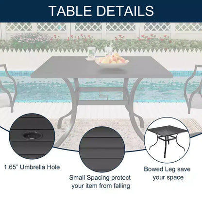 CLIHOME Ensemble repas d'extérieur 8 pièces, Table carrée avec trou pour parasol et chaises pivotantes à 360°, Ensemble de patio