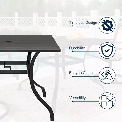 CLIHOME Ensemble repas d'extérieur 8 pièces, Table carrée avec trou pour parasol et chaises pivotantes à 360°, Ensemble de patio