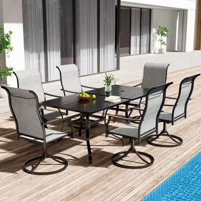 CLIHOME Ensemble de salle à manger d'extérieur 8 pièces, table carrée convertible avec trou pour parasol intégré et chaises pivotantes à 360°