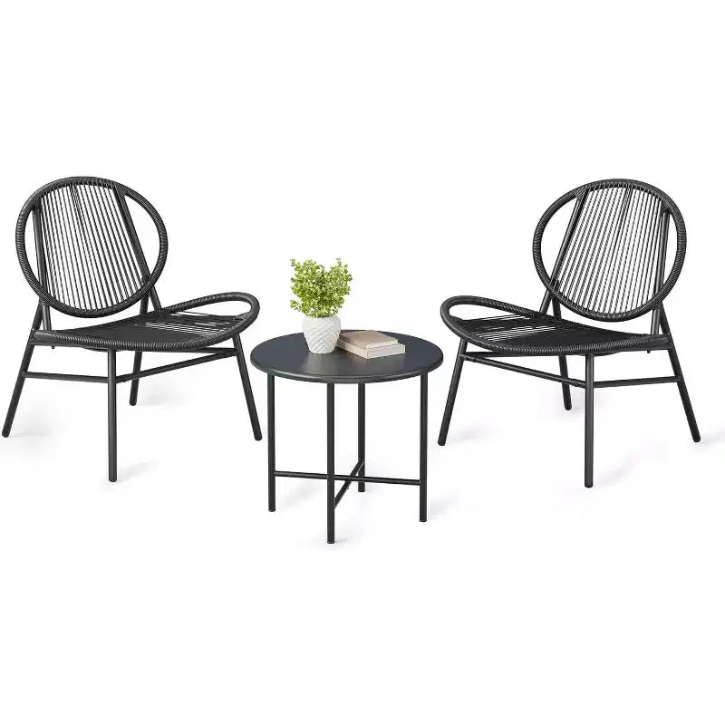 3-Piece Patio Set, All-Weather Wicker Chairs & Round Table for Balcony, Garden, Pool, Backyard - Black