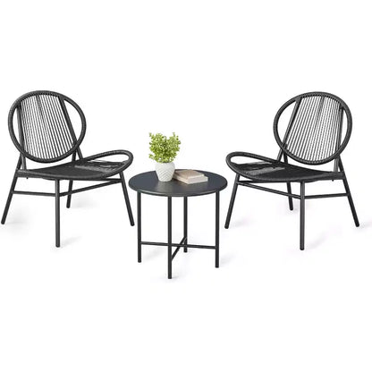 3-Piece Patio Set, All-Weather Wicker Chairs & Round Table for Balcony, Garden, Pool, Backyard - Black