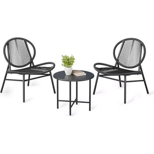 3-Piece Patio Set, All-Weather Wicker Chairs & Round Table for Balcony, Garden, Pool, Backyard - Black