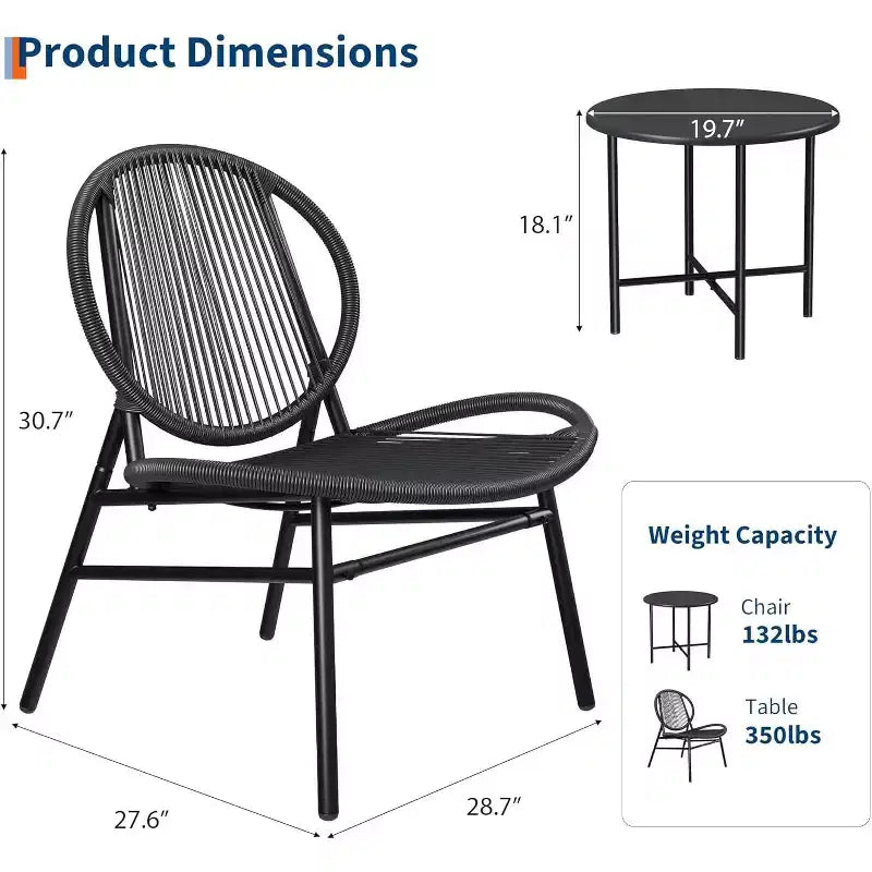 Set da Patio 3 Pezzi, Sedie in Vimini Resistente alle Intemperie e Tavolo Rotondo per Balcone, Giardino, Piscina, Cortile - Nero