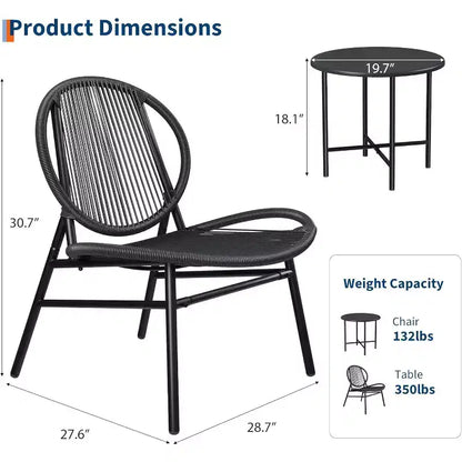 Set da Patio 3 Pezzi, Sedie in Vimini Resistente alle Intemperie e Tavolo Rotondo per Balcone, Giardino, Piscina, Cortile - Nero