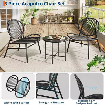 Set da Patio 3 Pezzi, Sedie in Vimini Resistente alle Intemperie e Tavolo Rotondo per Balcone, Giardino, Piscina, Cortile - Nero
