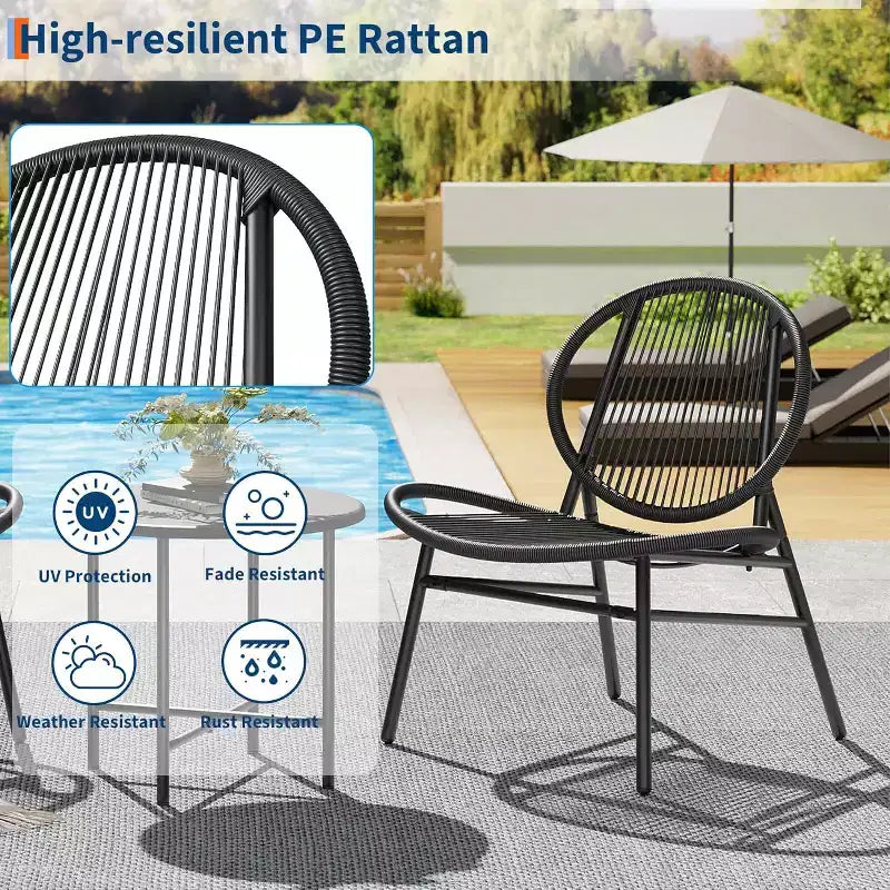 Set da Patio 3 Pezzi, Sedie in Vimini Resistente alle Intemperie e Tavolo Rotondo per Balcone, Giardino, Piscina, Cortile - Nero