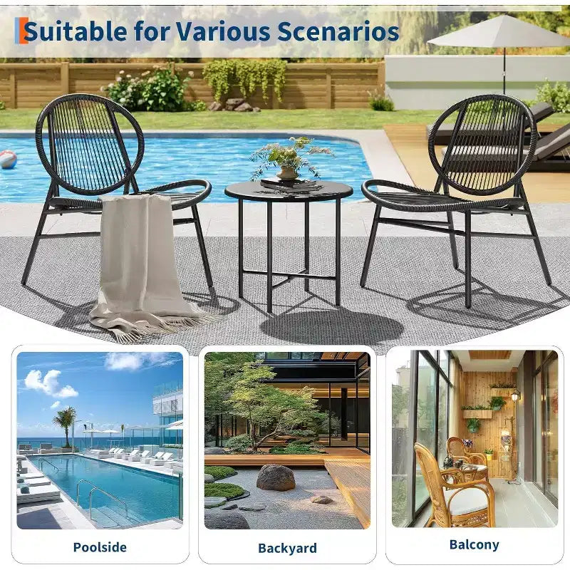 Set da Patio 3 Pezzi, Sedie in Vimini Resistente alle Intemperie e Tavolo Rotondo per Balcone, Giardino, Piscina, Cortile - Nero