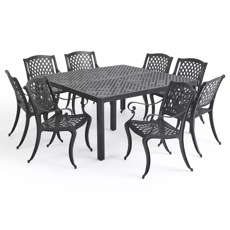 Ensemble de salle à manger extérieur traditionnel Christopher Knight Home Cayman 9 pièces en fonte d'aluminium maillée avec table ronde tissée de 155,5 cm