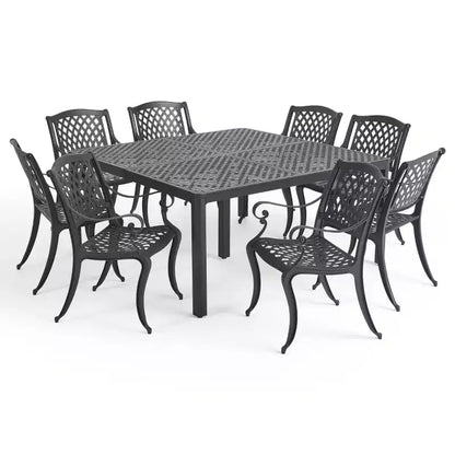 Ensemble de salle à manger extérieur traditionnel Christopher Knight Home Cayman 9 pièces en fonte d'aluminium maillée avec table ronde tissée de 155,5 cm