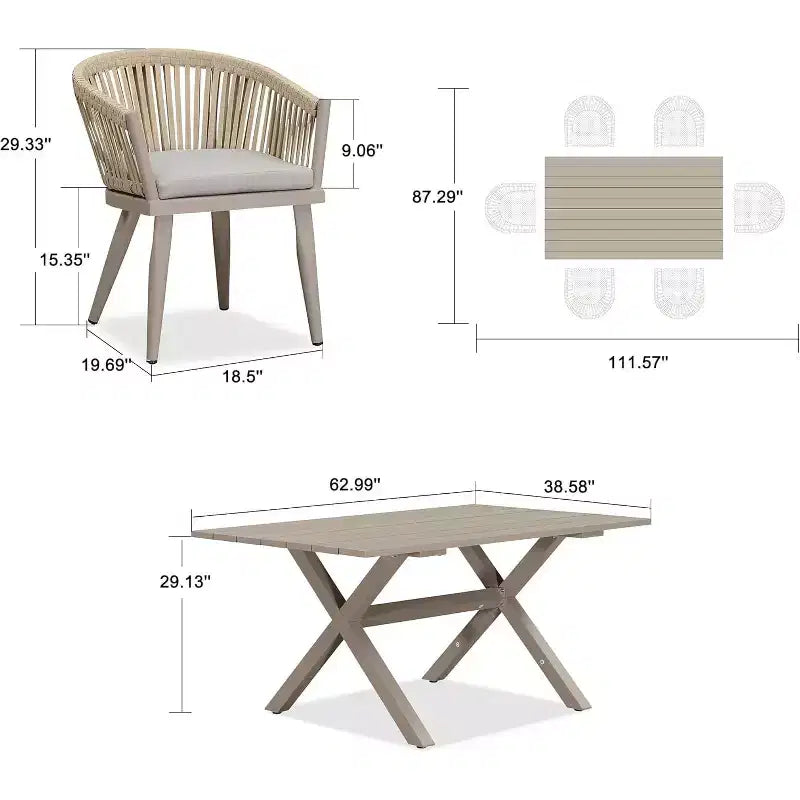PURPLE LEAF Ensemble de salle à manger d'extérieur avec table à manger en aluminium de patio et chaises en rotin tressé, ensemble de coussins de meubles modernes pour jardin.