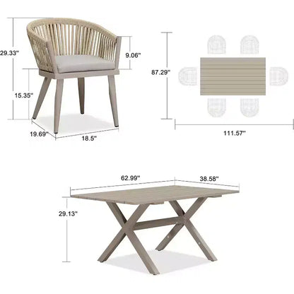 PURPLE LEAF Ensemble de salle à manger d'extérieur avec table à manger en aluminium de patio et chaises en rotin tressé, ensemble de coussins de meubles modernes pour jardin.
