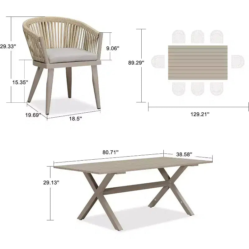 PURPLE LEAF Ensemble de salle à manger d'extérieur avec table à manger en aluminium de patio et chaises en rotin tressé, ensemble de coussins de meubles modernes pour jardin.