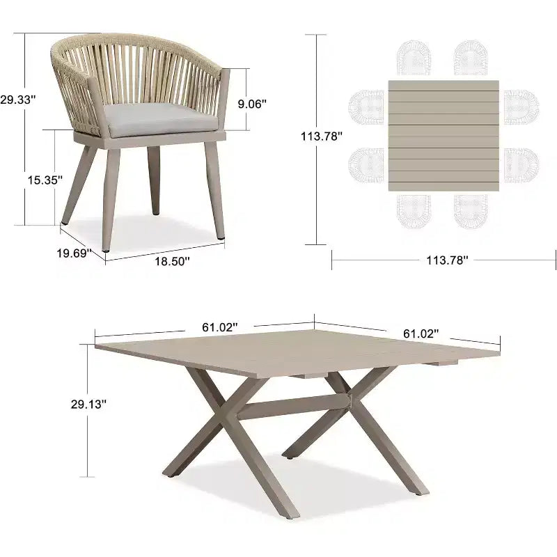 PURPLE LEAF Ensemble de salle à manger d'extérieur avec table à manger en aluminium de patio et chaises en rotin tressé, ensemble de coussins de meubles modernes pour jardin.