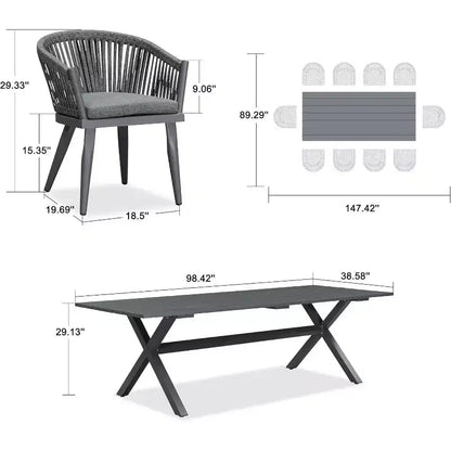 PURPLE LEAF Ensemble de salle à manger d'extérieur avec table à manger en aluminium de patio et chaises en rotin tressé, ensemble de coussins de meubles modernes pour jardin.