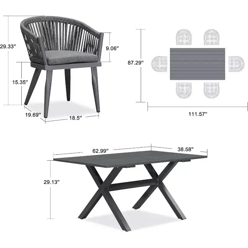 PURPLE LEAF Ensemble de salle à manger d'extérieur avec table à manger en aluminium de patio et chaises en rotin tressé, ensemble de coussins de meubles modernes pour jardin.