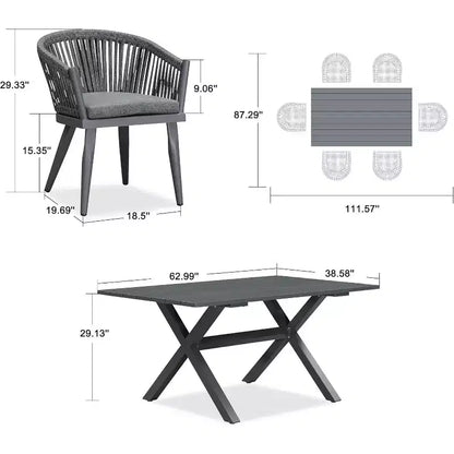 PURPLE LEAF Ensemble de salle à manger d'extérieur avec table à manger en aluminium de patio et chaises en rotin tressé, ensemble de coussins de meubles modernes pour jardin.