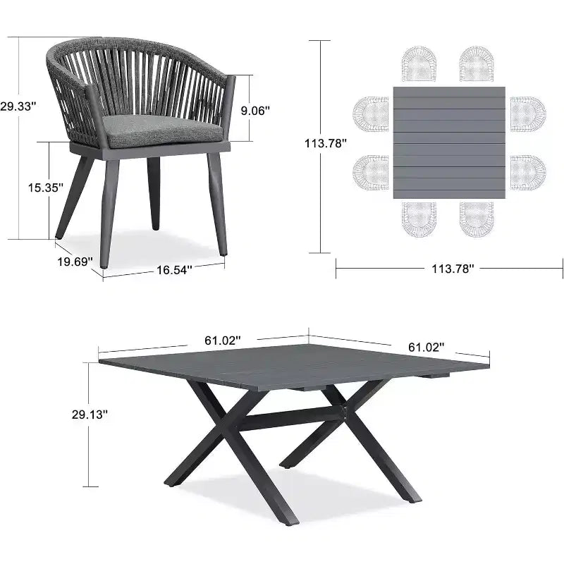 PURPLE LEAF Ensemble de salle à manger d'extérieur avec table à manger en aluminium de patio et chaises en rotin tressé, ensemble de coussins de meubles modernes pour jardin.