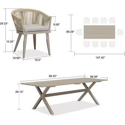 PURPLE LEAF Ensemble de salle à manger d'extérieur avec table à manger en aluminium de patio et chaises en rotin tressé, ensemble de coussins de meubles modernes pour jardin.