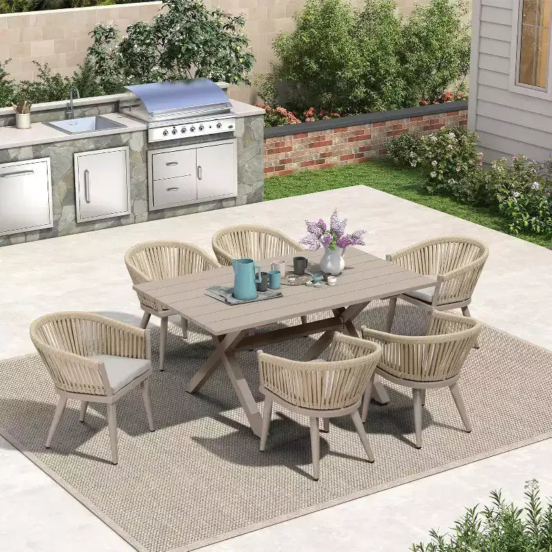 PURPLE LEAF Ensemble de salle à manger d'extérieur avec table à manger en aluminium de patio et chaises en rotin tressé, ensemble de coussins de meubles modernes pour jardin.