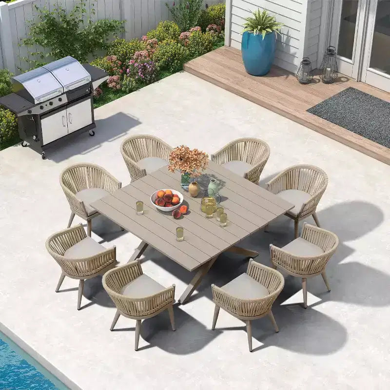 PURPLE LEAF Ensemble de salle à manger d'extérieur avec table à manger en aluminium de patio et chaises en rotin tressé, ensemble de coussins de meubles modernes pour jardin.