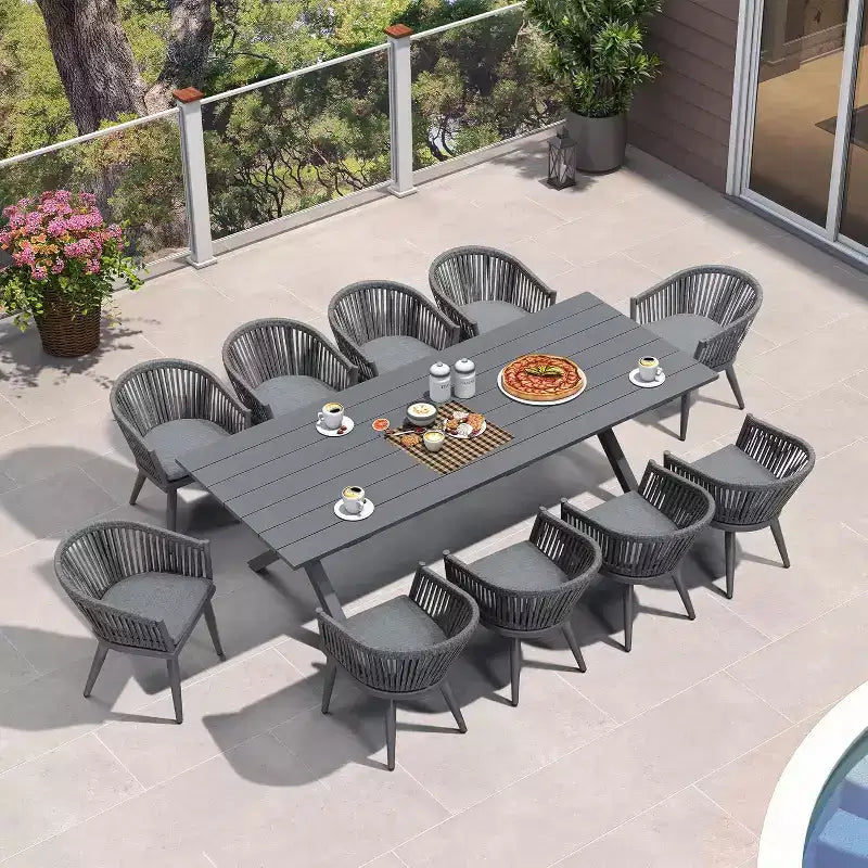 PURPLE LEAF Ensemble de salle à manger d'extérieur avec table à manger en aluminium de patio et chaises en rotin tressé, ensemble de coussins de meubles modernes pour jardin.