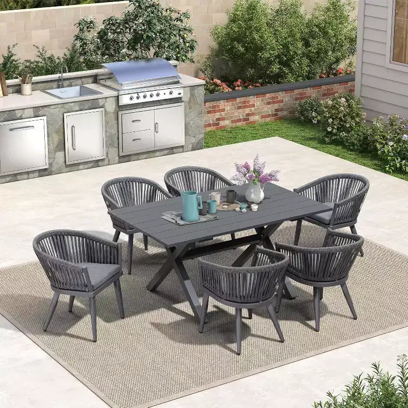 PURPLE LEAF Ensemble de salle à manger d'extérieur avec table à manger en aluminium de patio et chaises en rotin tressé, ensemble de coussins de meubles modernes pour jardin.