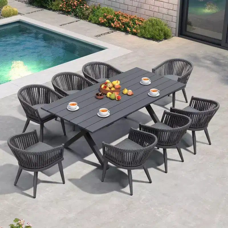 PURPLE LEAF Ensemble de salle à manger d'extérieur avec table à manger en aluminium de patio et chaises en rotin tressé, ensemble de coussins de meubles modernes pour jardin.